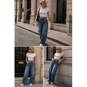 Bel Detaylı Wide Leg Yıkamalı Lacivert Renk Kot Pantolon - LACİVERT - 34 - ST00370-LACİVERT-34