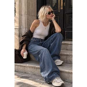 Bel Detaylı Wide Leg Yıkamalı Lacivert Renk Kot Pantolon - LACİVERT - 34 - ST00370-LACİVERT-34
