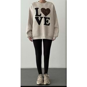 Bej Renk Love / Leopar Baskılı Sweatshirt - BEJ - S - ST00388-BEJ-S