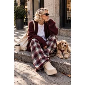 Ekoseli Pamuk - Viskon Salaş Pantolon - BORDO - M - ST00455-BORDO-M