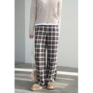 Ekoseli Pamuk - Viskon Salaş Pantolon - LACİVERT - L - ST00455-LACİVERT-L