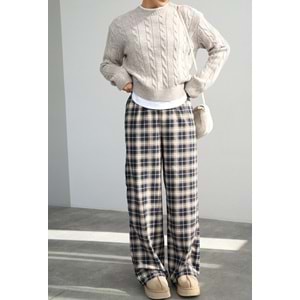 Ekoseli Pamuk - Viskon Salaş Pantolon - LACİVERT - L - ST00455-LACİVERT-L