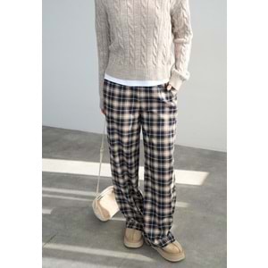 Ekoseli Pamuk - Viskon Salaş Pantolon - LACİVERT - L - ST00455-LACİVERT-L