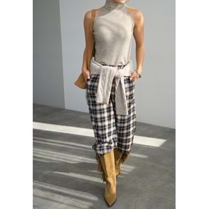 Ekoseli Pamuk - Viskon Salaş Pantolon - LACİVERT - L - ST00455-LACİVERT-L