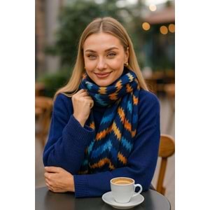 Çizgi Desenli Sax Mavi Püsküllü Kalın Şal