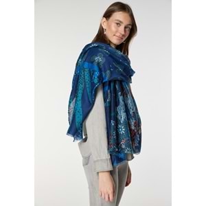 Çiçek Desenli Saks Mavi Şal