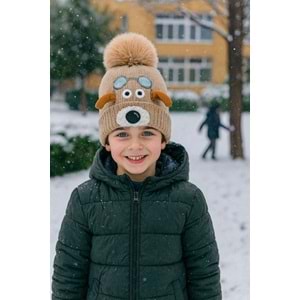 Ponponlu İçi Polarlı Hayvan Desen Nakışlı Vizon Çocuk Beresi 3-7 Yaş