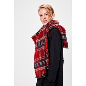 Ekose Desenli Kırmızı Püsküllü Puf Kalın Şal Atkı