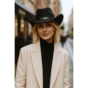 Zımba Detaylı Kadın Siyah Renk Kovboy Şapka