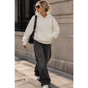 Zımba Detay Siyah Renk Şardonlu Sweat - Kapüşonlu - BEYAZ - L - ST00483-BEYAZ-L