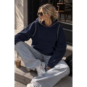Zımba Detay Siyah Renk Şardonlu Sweat - Kapüşonlu - LACİVERT - S - ST00483-LACİVERT-S