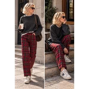 Ekose Kırmızı Renk Palazo Pantolon - ÇOK RENKLİ - L - ST00512-ÇOK RENKLİ-L