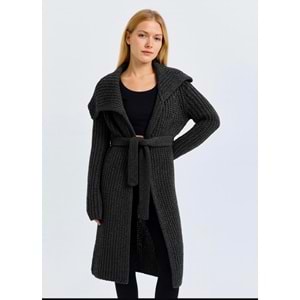 Kırçıllı Gri Siyah Bel Bağlamalı Hırka