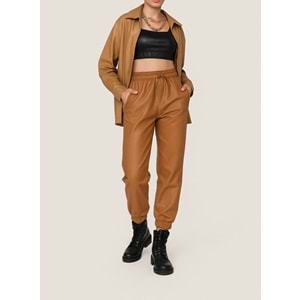 Taba Renk Paça - Bel Lastikli Deri Pantolon - TABA - L - ST00524-TABA-L
