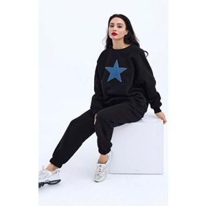 Siyah Renk Yıldız Detay 3İplik Şardonlu Eşofman Takımı Oversize