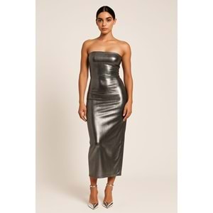 Metalik Gümüş Renk Straplez Yırtmaçlı Elbise - GÜMÜŞ - M - ST00552-GÜMÜŞ-M