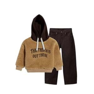 Slogan Yazı İşlemeli Peluş Hoodie - KAHVERENGİ - 3-4 YAŞ - ST00567-KAHVERENGİ-3-4 YAŞ