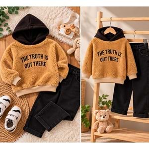 Unisex Kız Erkek Çocuk Peluş Hoodie / Sweatshirt Slogan Yazı İşlemeli Kapüşonlu