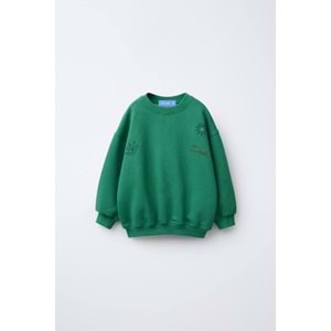 Yeşil Renk Nakışlı Bisiklet Yaka Sweatshirt