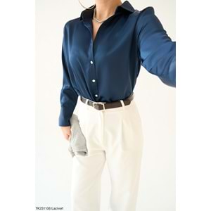 Yeni Sezon Pamuk Saten Gömlek - Petrol Mavi - MAVİ - M