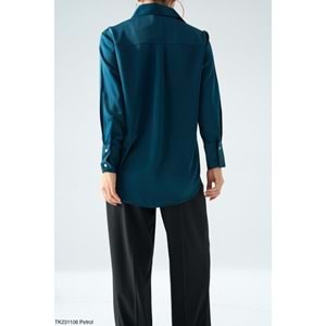 Yeni Sezon Pamuk Saten Gömlek - Petrol Mavi - MAVİ - M