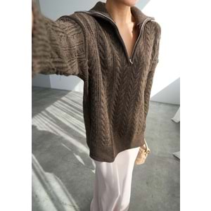 Saç Örgü Yaka Fermuarlı Kazak - Acı Kahve