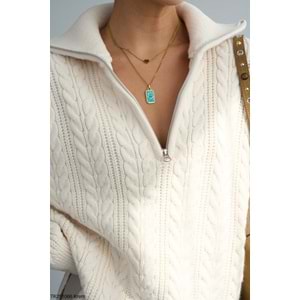 Saç Örgü Krem Renk Yaka Fermuar Kapamalı Kazak