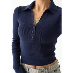 Polo Yaka Lacivert Renk Patlı Kazak