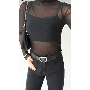 Transparan Taş Detaylı Uzun Kollu Bluz - SİYAH - L - ST00632-SİYAH-L