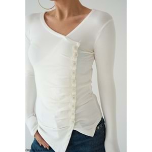 Asimetrik Kesim Yan Düğme Detaylı Tasarım Bluz - EKRU - L - ST00636-EKRU-L