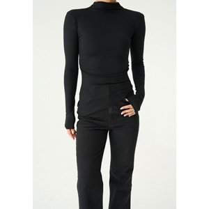 Hafif Balıkçı Yaka Yan Büzgülü Uzun Kol Tasarım Bluz - SİYAH - L - ST00638-SİYAH-L