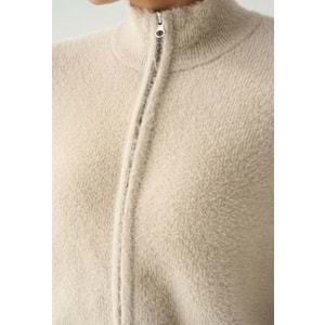 Çift Yön Fermuar Açma Detaylı Tüylü Hırka Taş Renk