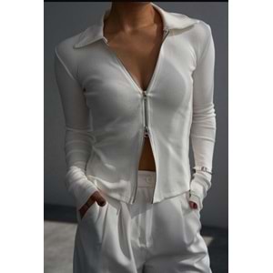 Fermuarlı Polo Yaka Ekru Renk Hırka - EKRU - L - ST00645-EKRU-L