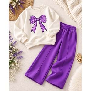 Kız Çocuk Ekru Mor Renk Fiyonk İnci Detaylı Sweatshirt Eşofman 2li Alt Üst Takım