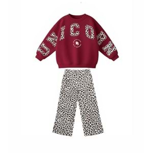 Kız Çocuk Bordo - Leopar Baskı Desen 3 İplik Alt Üst Takım - BORDO - 2-3 YAŞ - ST00656-13603