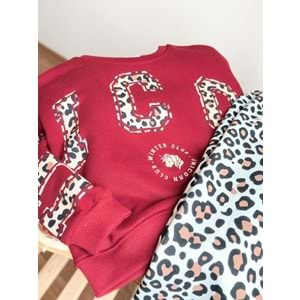 Kız Çocuk Bordo - Leopar Baskı Desen 3 İplik Alt Üst Takım