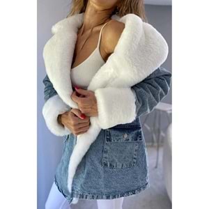 Kadın Kış Sezon Kürklü Kot Mont - Kaban Yaka ve Kol Beyaz Kürk Detaylı Yüksek Kalite