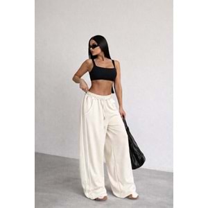 Ekru Renk Beyaz Şerit Biyeli Palazzo Oversize Pantolon - EKRU - L - ST00660-13618