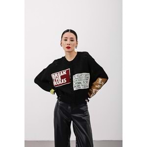 Tasarım Aplike Detaylı Slogan Yazılı Kazak