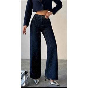 Lacivert Partılı Taş Kaplamalı Tasarım Kot Pantolon - LACİVERT - 34 - ST00675-LACİVERT-34