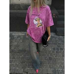 2026 Mood Manifest Tasarım Yıkamalı Pembe T-Shirt