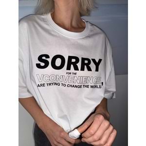 Slogan Yazı Baskılı Sorry ! T-Shirt Ekru Renk
