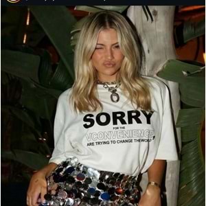 Slogan Yazı Baskılı Sorry ! T-Shirt Ekru Renk