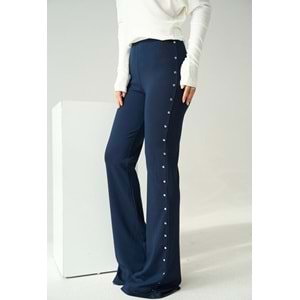 Yan Zımbalı Tasarım Ispanyol Paça Tayt - Lacivert - LACİVERT - L - ST00681-LACİVERT-L