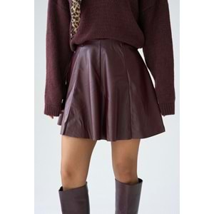 Parçalı Kesim Mini Deri Etek Bordo Renk - L
