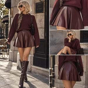 Yeni Sezon Parçalı Kesim Deri Görünümlü Mini Etek - Bordo Renk