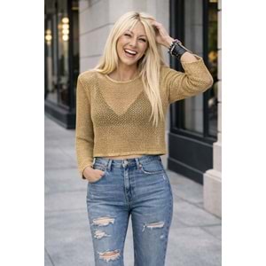 Gold Renk File Bluz - Standart Beden