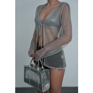 Metalik Gümüş Renk Ön Bağlama detaylı File Top Üst Giyim