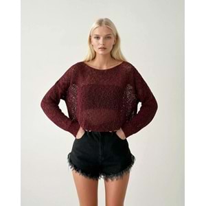 Ajur Örgü Mevsimlik Triko Kazak Düşük Omuz - BORDO
