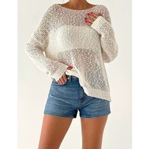 Ajur Örgü Mevsimlik Triko Kazak Düşük Omuz - EKRU